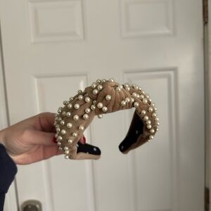 Lele Sadoughi Tan Velvet Headband with Pearl detail